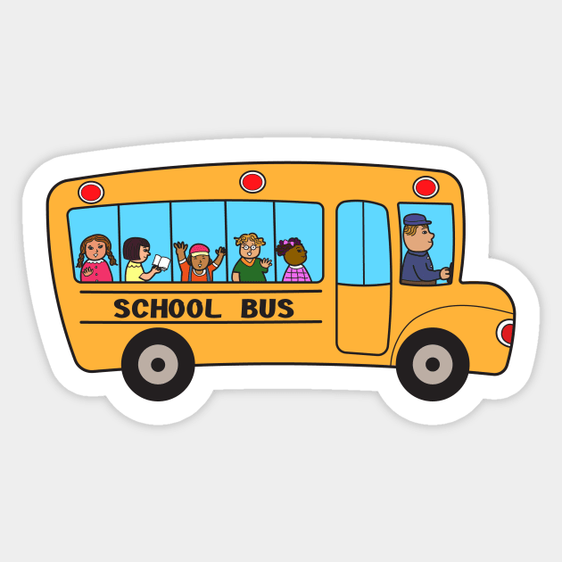 School bus with group of school children. Flat design drawing isolated on white background d. Sticker by Nalidsa